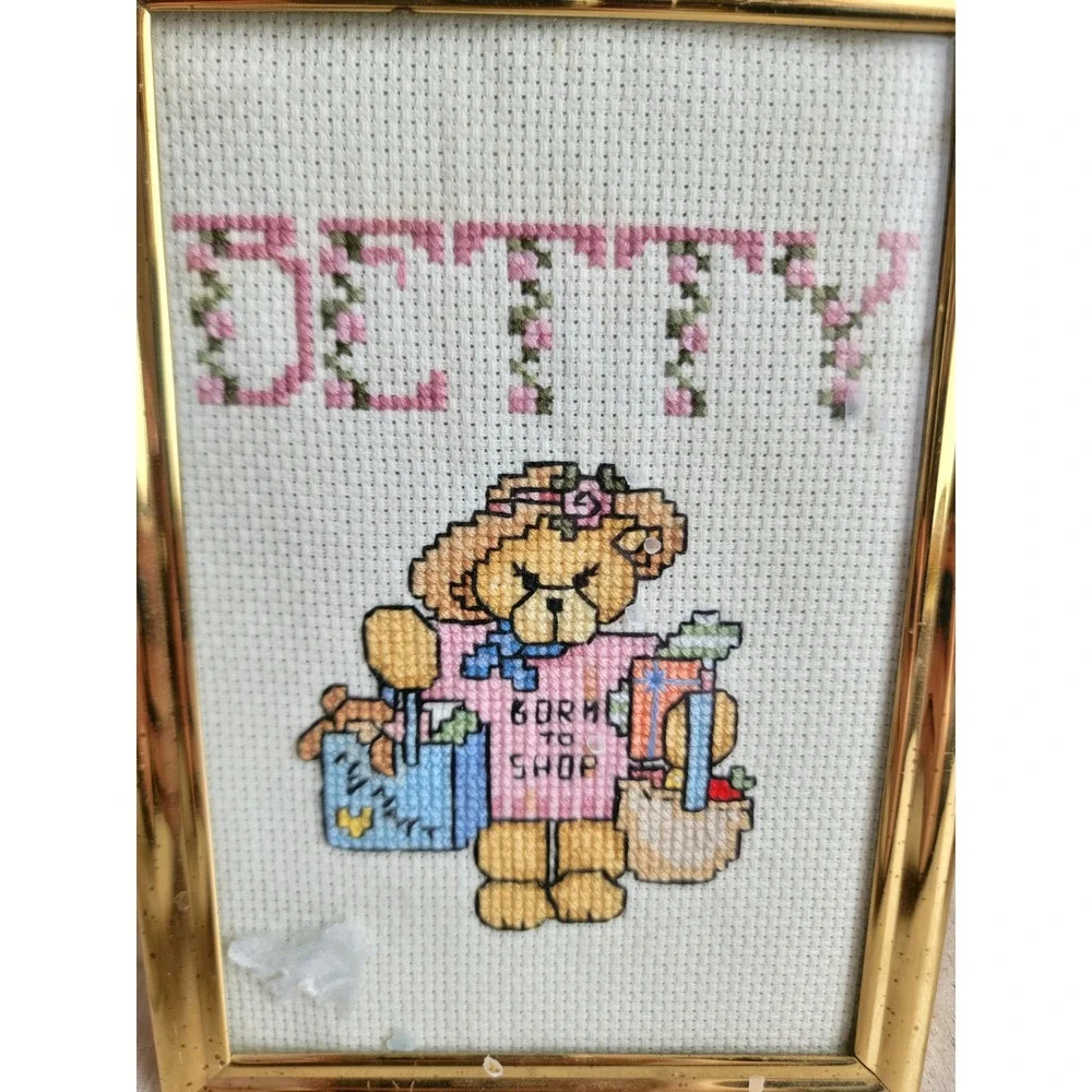 Cross stitch vintage 7x5 teddy bear Betty name Hanging‎ home decor